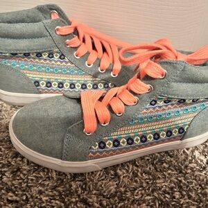 Colorful High-Top Sneakers with Orange Laces